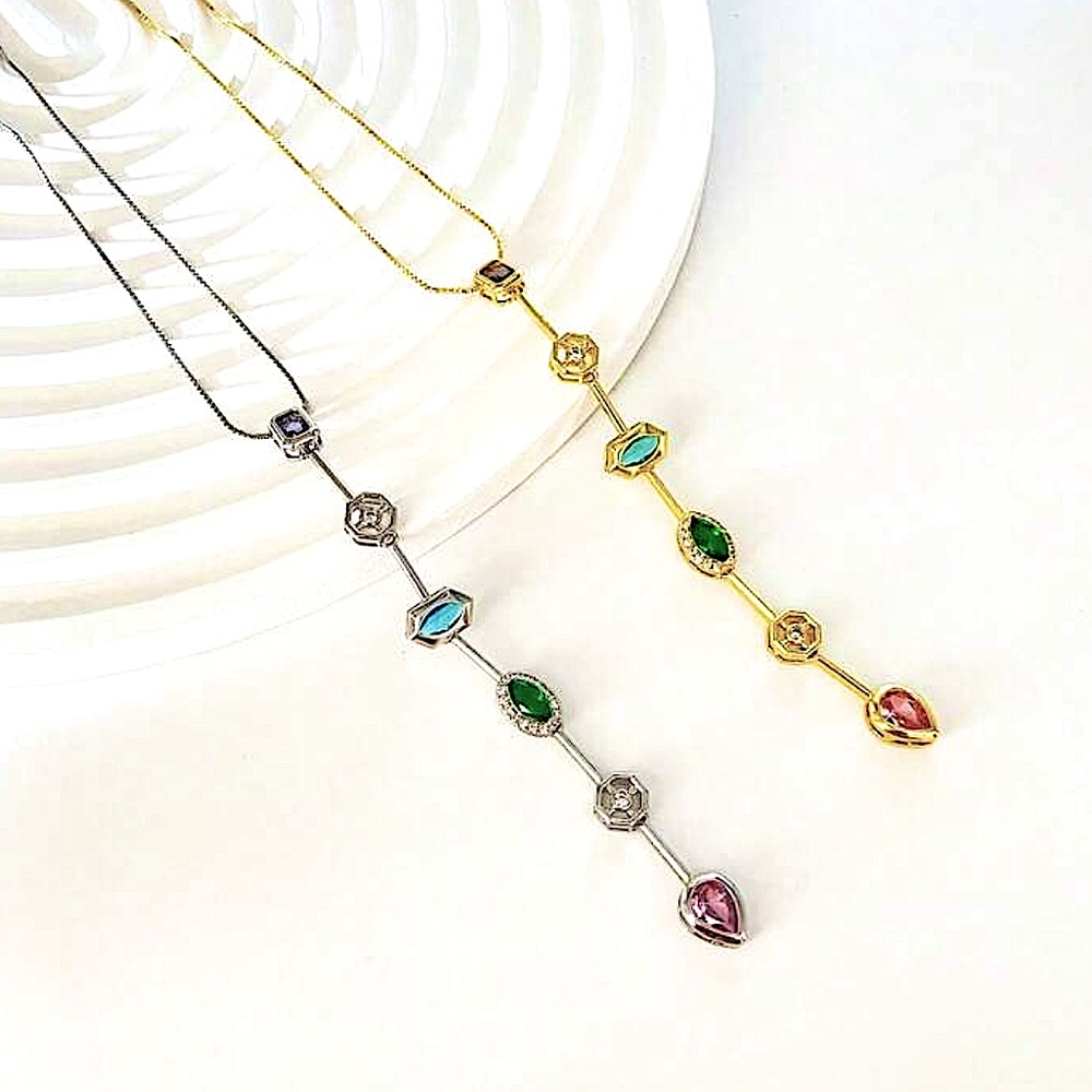Gold Plated Stainless Steel Multicolor Zircon Tier Necklace Statement - Picture 11 of 17